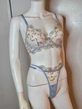 NEW Hello LA Girl Sheer Floral Embroidered Blue Cream Balconette Bra Thong Set